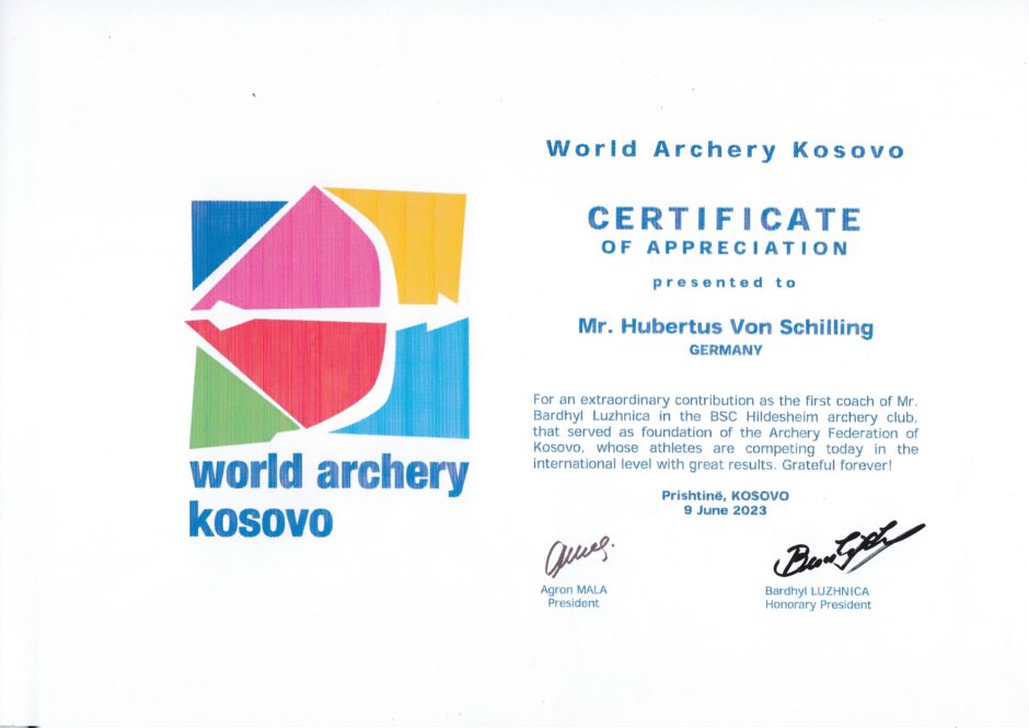 vSB World Archery Kosovo Certificate of Appreciation